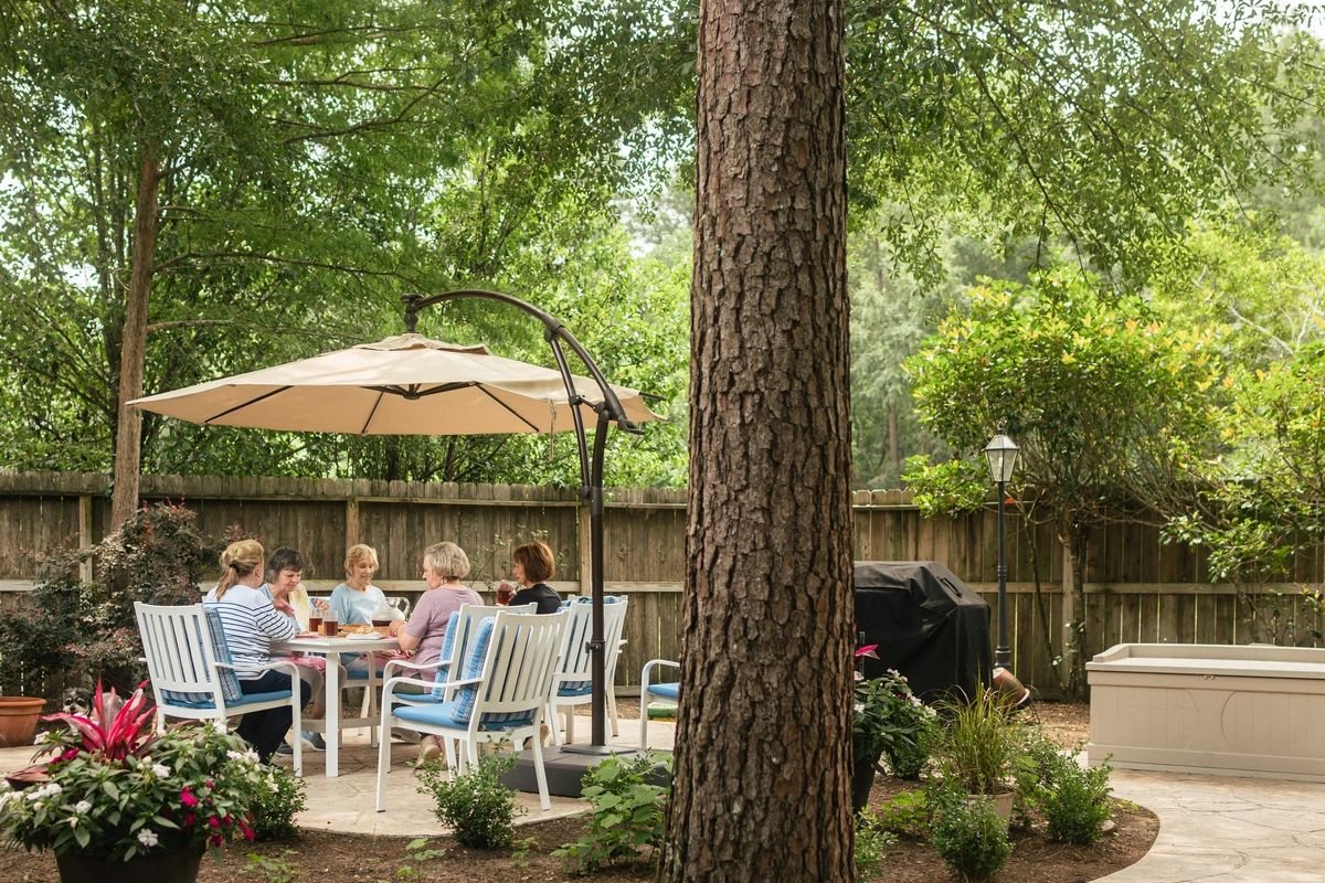 Elegant senior living garden courtyard